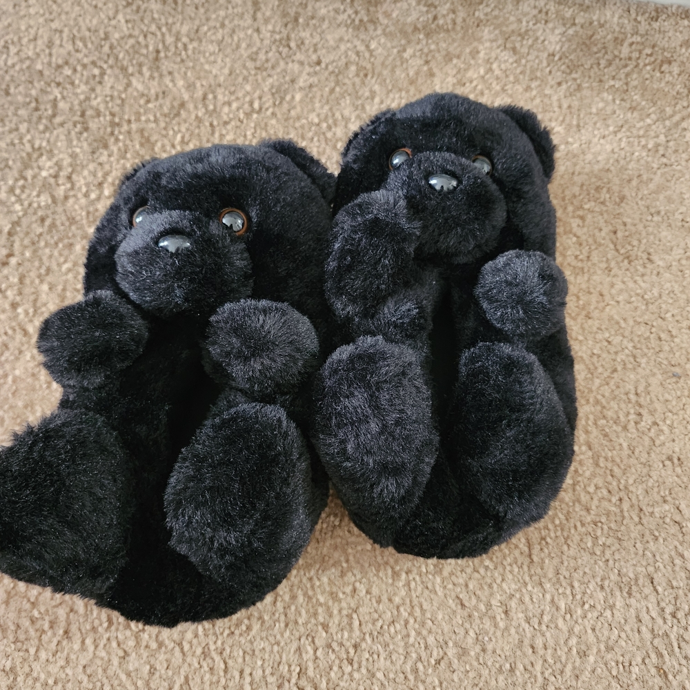 Cozy Black Dog Plush Slippers